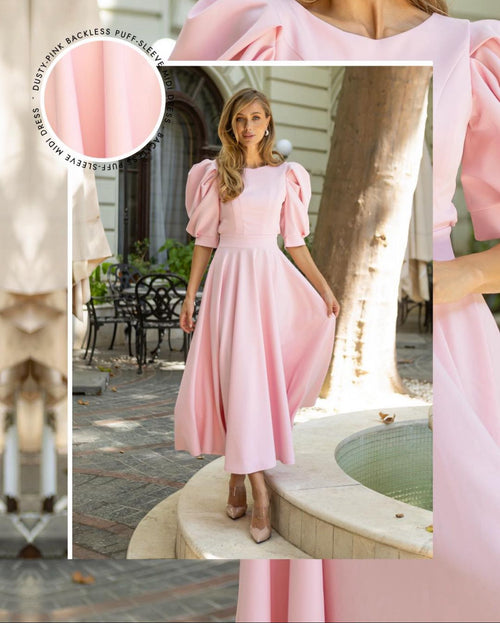 Rochie Ilaria - Buticul Evei, Rochie eleganta roz de dama de lungime midi, cu maneci bufante, ideala pentru orice fel de eveniment special, nunta, botez, cununie, petrecere, rochie de seara.