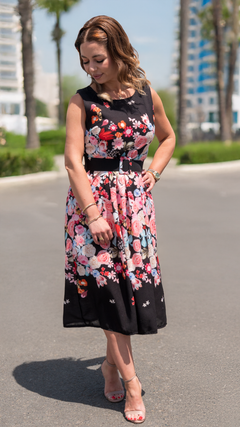 Rochie Midi Florală Neagră