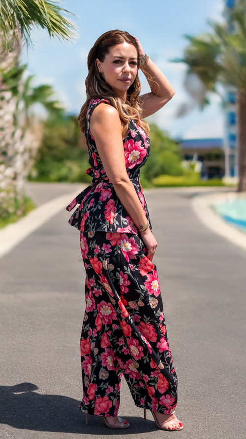 Set din in Floral Negru cu Roz