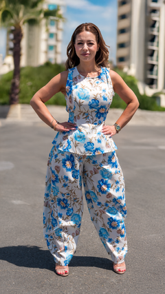 Set din in Floral Bleu cu alb