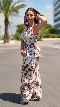 Set din in Floral Alb cu Maro