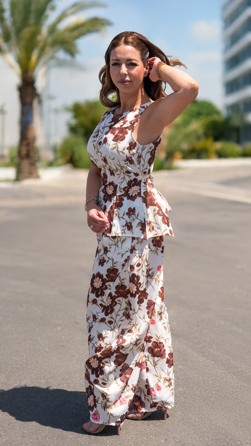 Set din in Floral Alb cu Maro