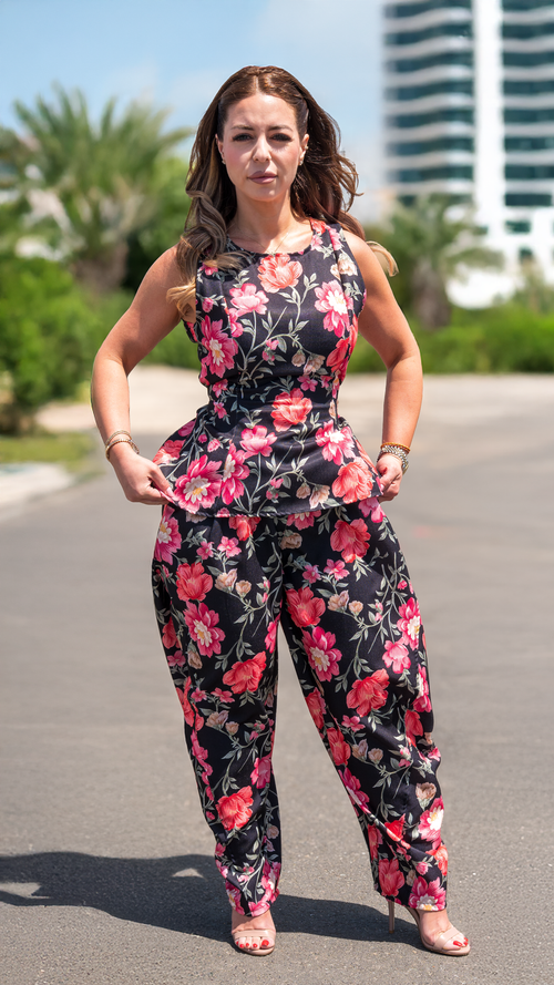 Set din in Floral Negru cu Roz