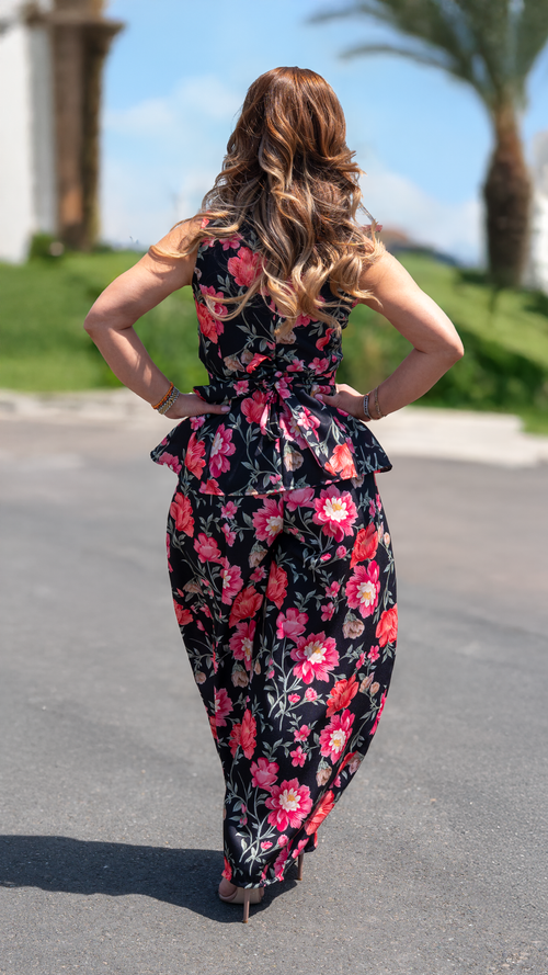 Set din in Floral Negru cu Roz