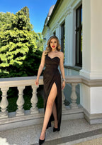 rochie neagra din tafta lunga cu despicatura pe picor pentru nunta , botez , majorat , evenimete, banchet, bal 