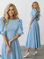 Rochie eleganta midi albastra cu maneci bufante, de seara, pentru evenimente speciale, nunta, botez sau cununie. 