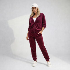 Trening damă Crisa visiniu, set din două piese cu hanorac cu fermoar și pantaloni conici, stil urban-chic, fabricat în România