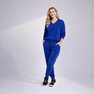 Trening damă Valentina albastru din catifea, set două piese cu buzunare și pantaloni conici