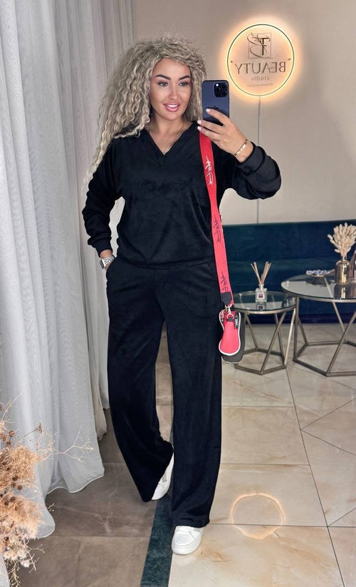Trening Zali negru dama, set sport chic din catifea moale potrivit pentru tinute urbane