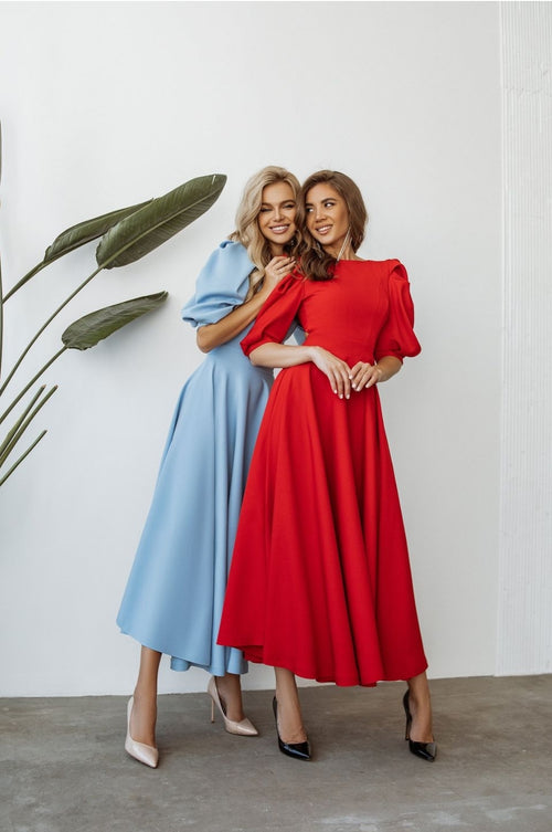 Rochie Ilaria - Buticul Evei, Rochie eleganta albastra de dama si rochie eleganta rosie de lungime midi, cu maneci bufante, ideala pentru orice fel de eveniment special, nunta, botez, cununie, petrecere, rochie de seara. 
