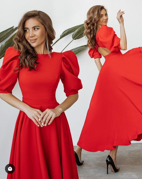 Rochie Ilaria - Buticul Evei, Rochie eleganta rosie de dama de lungime midi, cu maneci bufante, ideala pentru orice fel de eveniment special, nunta, botez, cununie, petrecere, rochie de seara. 
