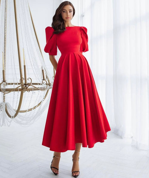 Rochie eleganta midi rosie cu maneci bufante, de seara, pentru evenimente speciale, nunta, botez sau cununie. 